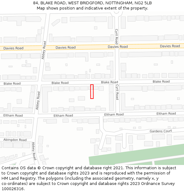 84, BLAKE ROAD, WEST BRIDGFORD, NOTTINGHAM, NG2 5LB: Location map and indicative extent of plot