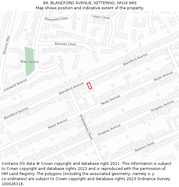 84, BLANDFORD AVENUE, KETTERING, NN16 9AS: Location map and indicative extent of plot