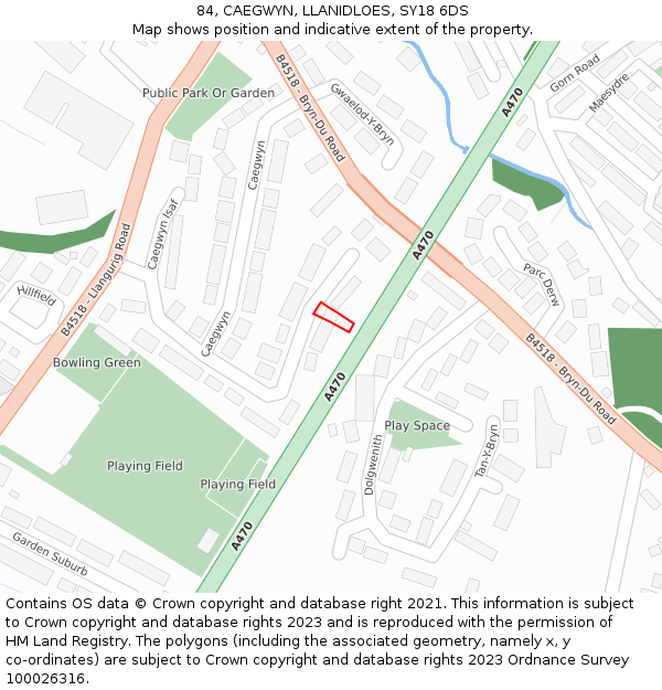 84, CAEGWYN, LLANIDLOES, SY18 6DS: Location map and indicative extent of plot