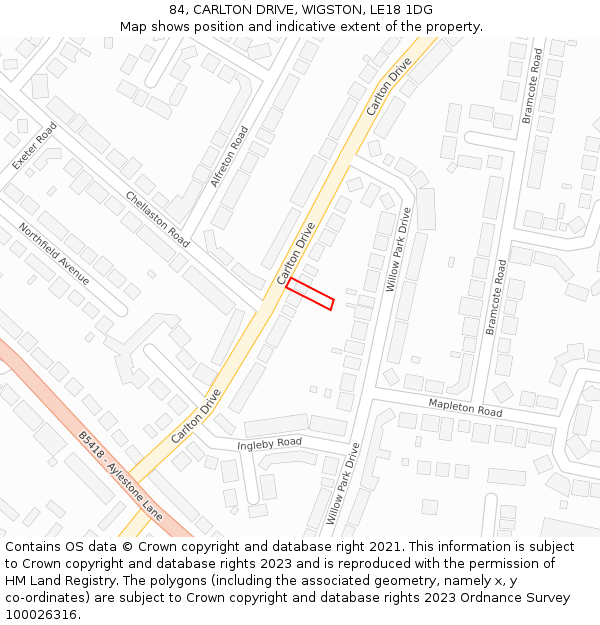 84, CARLTON DRIVE, WIGSTON, LE18 1DG: Location map and indicative extent of plot