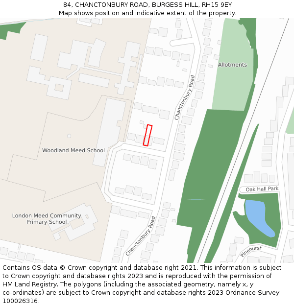 84, CHANCTONBURY ROAD, BURGESS HILL, RH15 9EY: Location map and indicative extent of plot