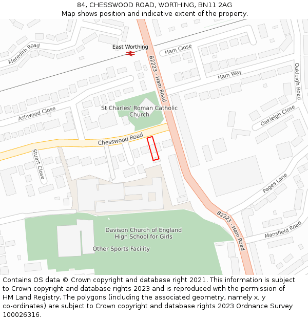 84, CHESSWOOD ROAD, WORTHING, BN11 2AG: Location map and indicative extent of plot