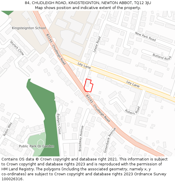 84, CHUDLEIGH ROAD, KINGSTEIGNTON, NEWTON ABBOT, TQ12 3JU: Location map and indicative extent of plot