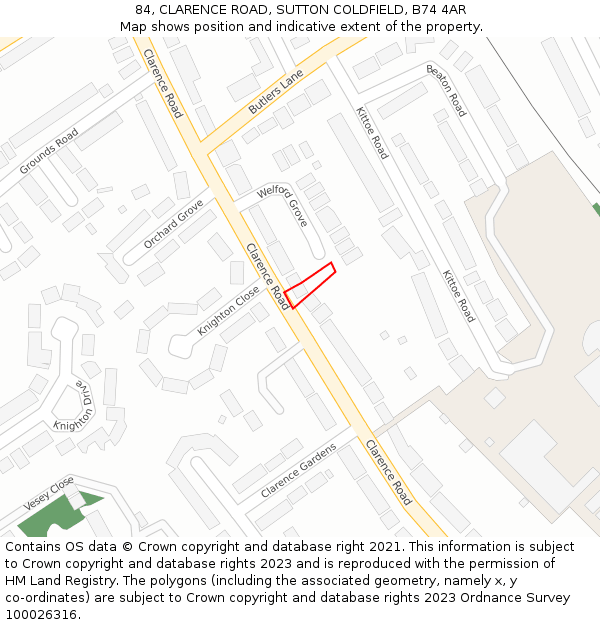 84, CLARENCE ROAD, SUTTON COLDFIELD, B74 4AR: Location map and indicative extent of plot