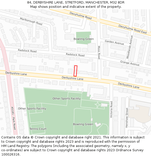 84, DERBYSHIRE LANE, STRETFORD, MANCHESTER, M32 8DR: Location map and indicative extent of plot