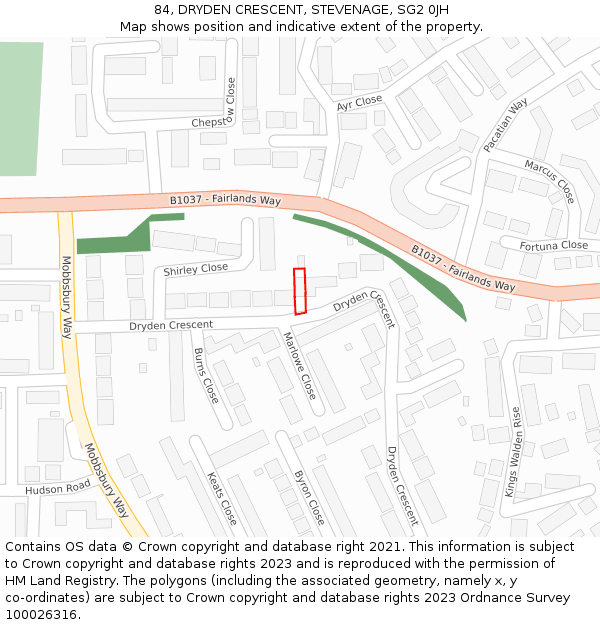 84, DRYDEN CRESCENT, STEVENAGE, SG2 0JH: Location map and indicative extent of plot