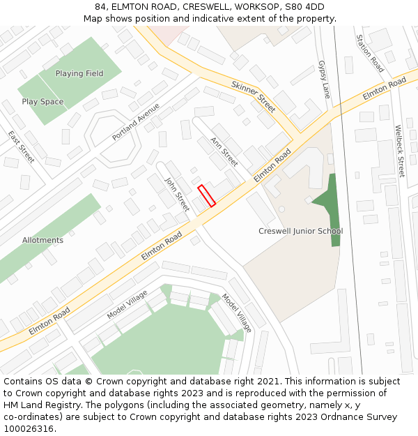 84, ELMTON ROAD, CRESWELL, WORKSOP, S80 4DD: Location map and indicative extent of plot