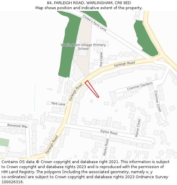 84, FARLEIGH ROAD, WARLINGHAM, CR6 9ED: Location map and indicative extent of plot