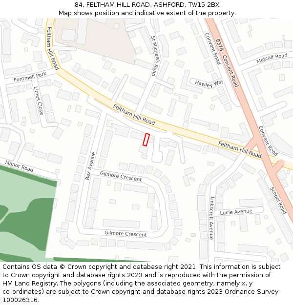 84, FELTHAM HILL ROAD, ASHFORD, TW15 2BX: Location map and indicative extent of plot