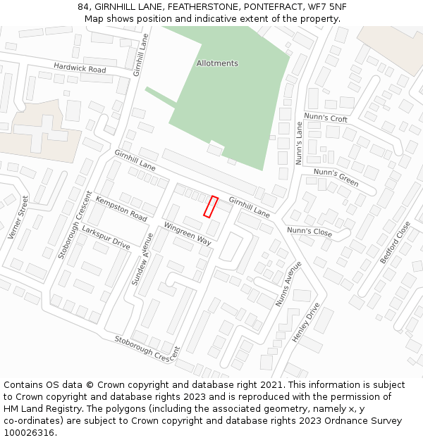 84, GIRNHILL LANE, FEATHERSTONE, PONTEFRACT, WF7 5NF: Location map and indicative extent of plot