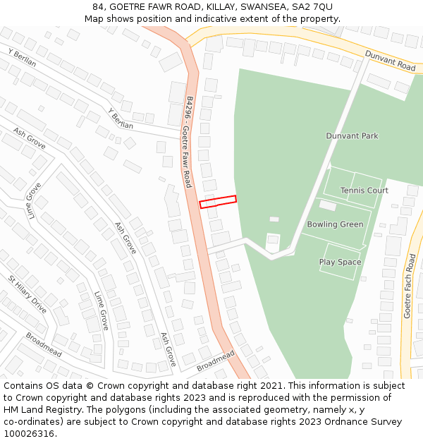 84, GOETRE FAWR ROAD, KILLAY, SWANSEA, SA2 7QU: Location map and indicative extent of plot