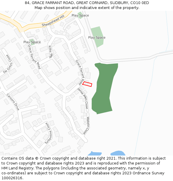 84, GRACE FARRANT ROAD, GREAT CORNARD, SUDBURY, CO10 0ED: Location map and indicative extent of plot