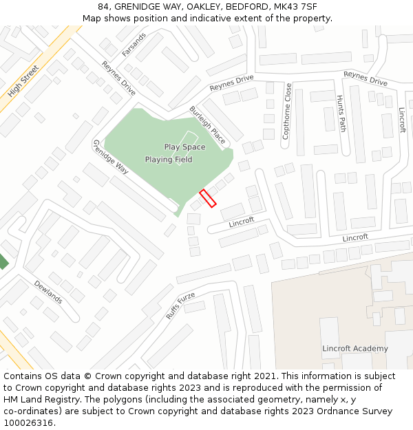 84, GRENIDGE WAY, OAKLEY, BEDFORD, MK43 7SF: Location map and indicative extent of plot