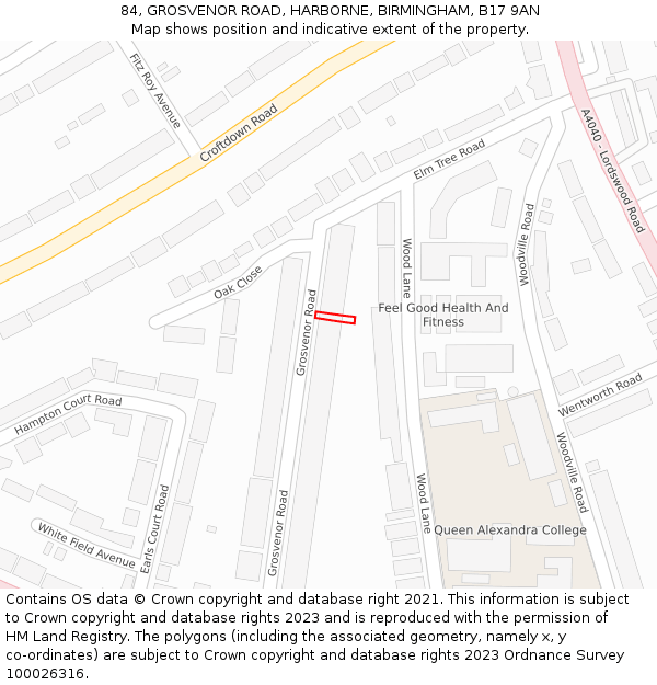 84, GROSVENOR ROAD, HARBORNE, BIRMINGHAM, B17 9AN: Location map and indicative extent of plot