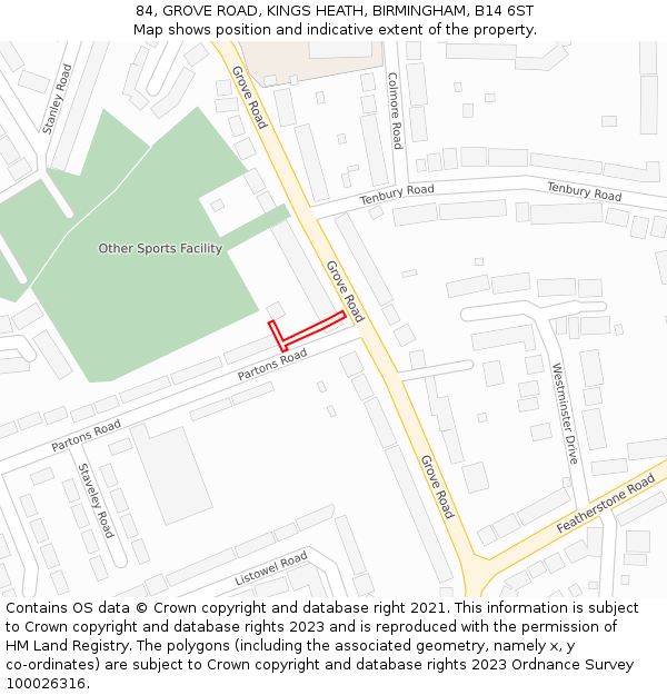 84, GROVE ROAD, KINGS HEATH, BIRMINGHAM, B14 6ST: Location map and indicative extent of plot