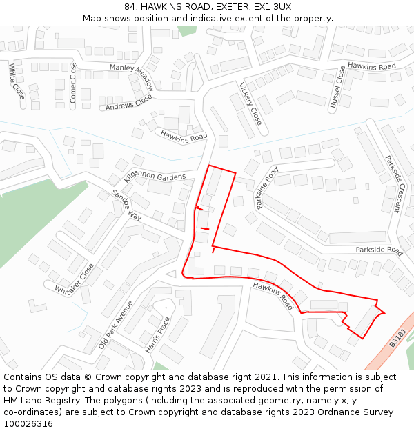 84, HAWKINS ROAD, EXETER, EX1 3UX: Location map and indicative extent of plot