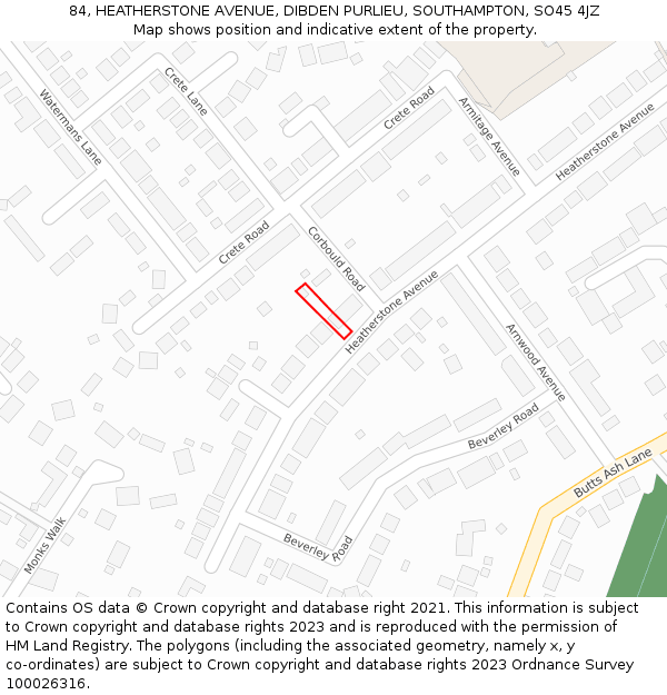 84, HEATHERSTONE AVENUE, DIBDEN PURLIEU, SOUTHAMPTON, SO45 4JZ: Location map and indicative extent of plot