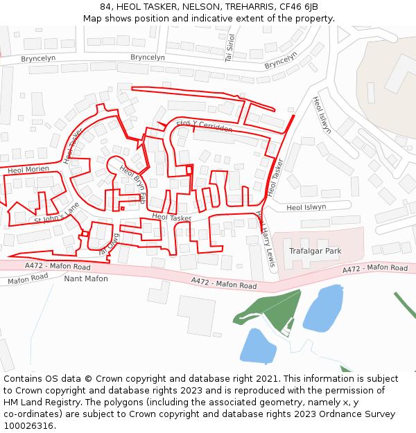 84, HEOL TASKER, NELSON, TREHARRIS, CF46 6JB: Location map and indicative extent of plot