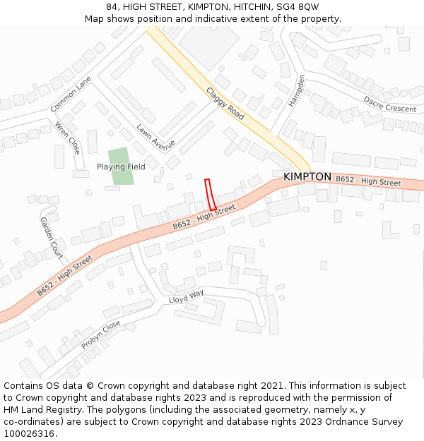 84, HIGH STREET, KIMPTON, HITCHIN, SG4 8QW: Location map and indicative extent of plot