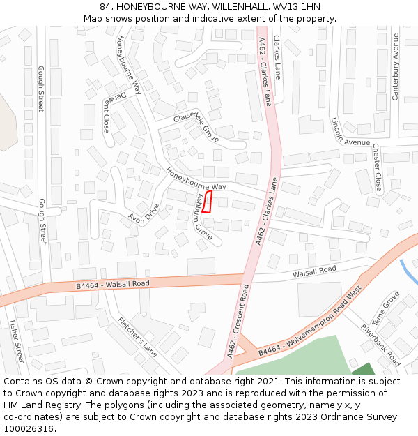 84, HONEYBOURNE WAY, WILLENHALL, WV13 1HN: Location map and indicative extent of plot