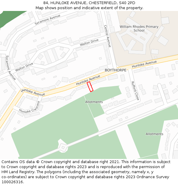 84, HUNLOKE AVENUE, CHESTERFIELD, S40 2PD: Location map and indicative extent of plot