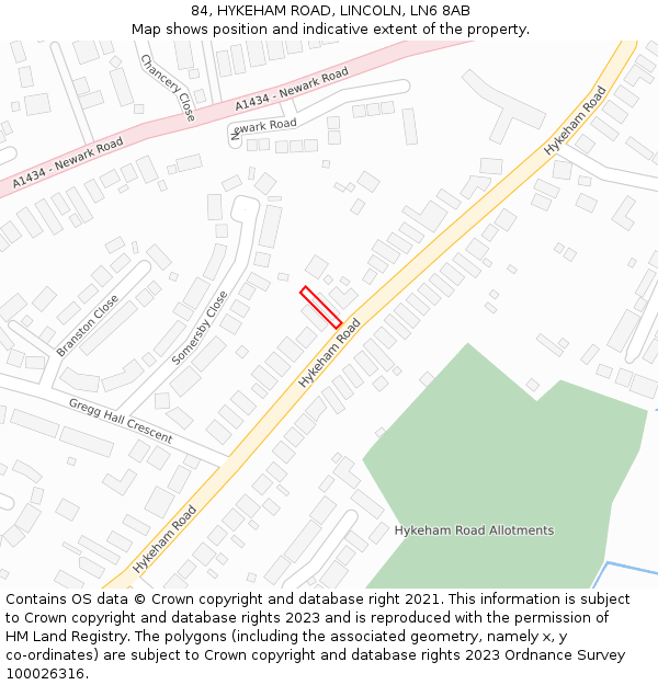 84, HYKEHAM ROAD, LINCOLN, LN6 8AB: Location map and indicative extent of plot