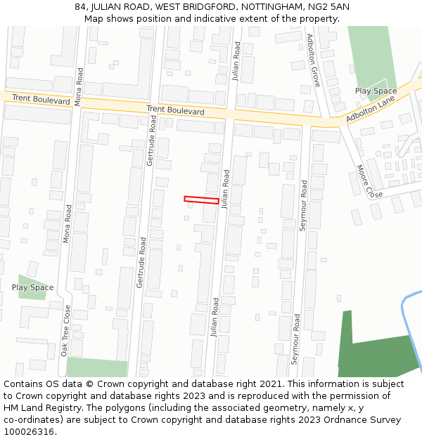 84, JULIAN ROAD, WEST BRIDGFORD, NOTTINGHAM, NG2 5AN: Location map and indicative extent of plot