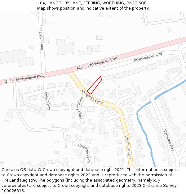 84, LANGBURY LANE, FERRING, WORTHING, BN12 6QE: Location map and indicative extent of plot