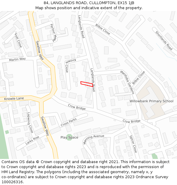 84, LANGLANDS ROAD, CULLOMPTON, EX15 1JB: Location map and indicative extent of plot