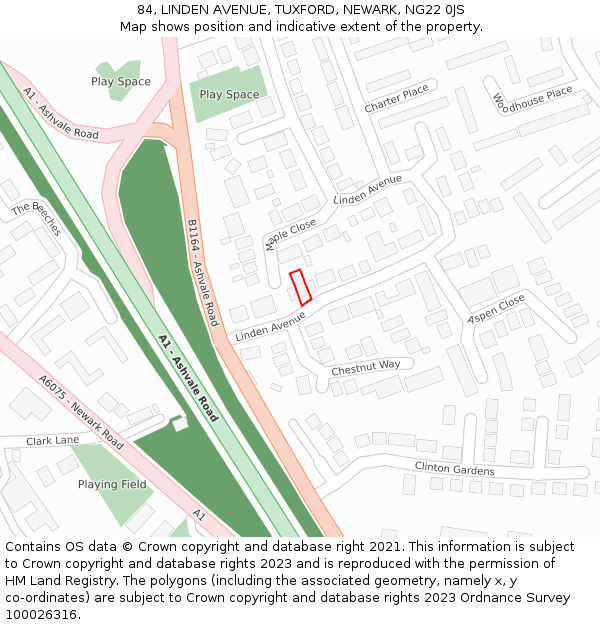 84, LINDEN AVENUE, TUXFORD, NEWARK, NG22 0JS: Location map and indicative extent of plot