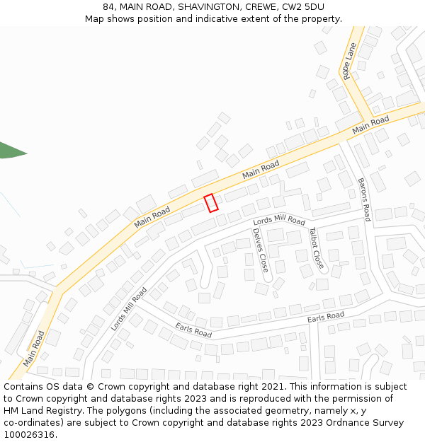 84, MAIN ROAD, SHAVINGTON, CREWE, CW2 5DU: Location map and indicative extent of plot