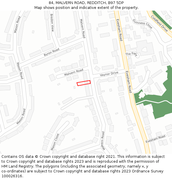 84, MALVERN ROAD, REDDITCH, B97 5DP: Location map and indicative extent of plot