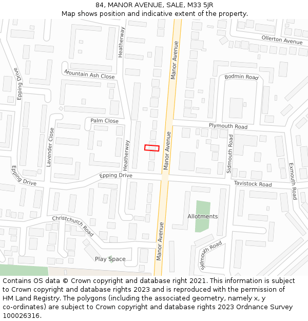 84, MANOR AVENUE, SALE, M33 5JR: Location map and indicative extent of plot