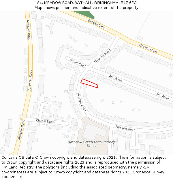 84, MEADOW ROAD, WYTHALL, BIRMINGHAM, B47 6EQ: Location map and indicative extent of plot