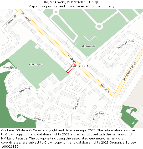 84, MEADWAY, DUNSTABLE, LU6 3JU: Location map and indicative extent of plot