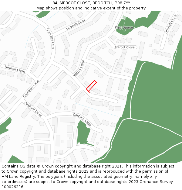 84, MERCOT CLOSE, REDDITCH, B98 7YY: Location map and indicative extent of plot