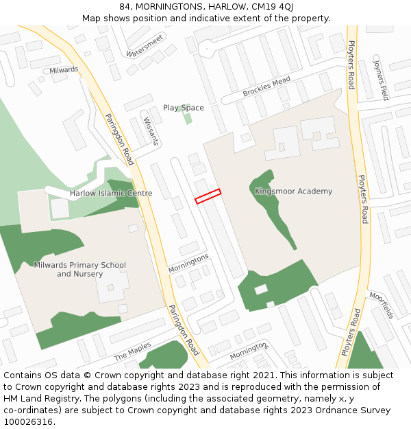 84, MORNINGTONS, HARLOW, CM19 4QJ: Location map and indicative extent of plot