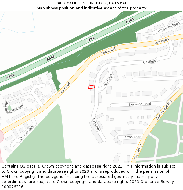 84, OAKFIELDS, TIVERTON, EX16 6XF: Location map and indicative extent of plot