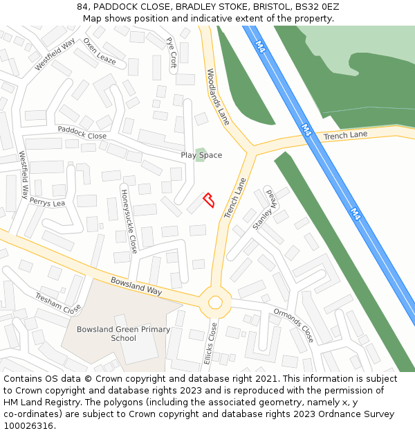 84, PADDOCK CLOSE, BRADLEY STOKE, BRISTOL, BS32 0EZ: Location map and indicative extent of plot