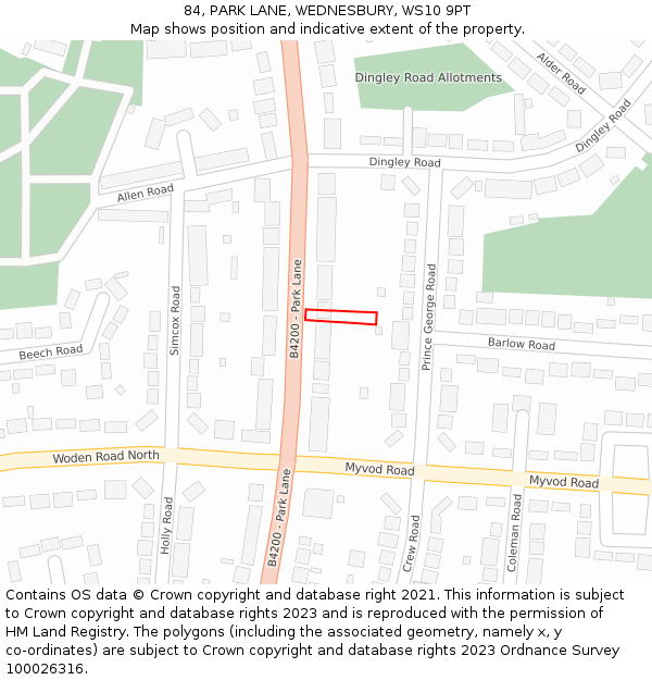 84, PARK LANE, WEDNESBURY, WS10 9PT: Location map and indicative extent of plot