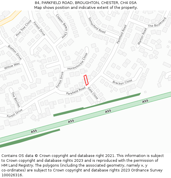 84, PARKFIELD ROAD, BROUGHTON, CHESTER, CH4 0SA: Location map and indicative extent of plot