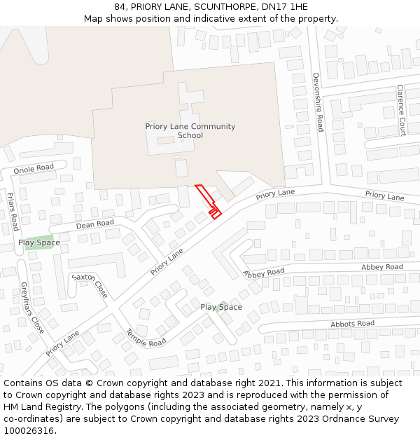 84, PRIORY LANE, SCUNTHORPE, DN17 1HE: Location map and indicative extent of plot