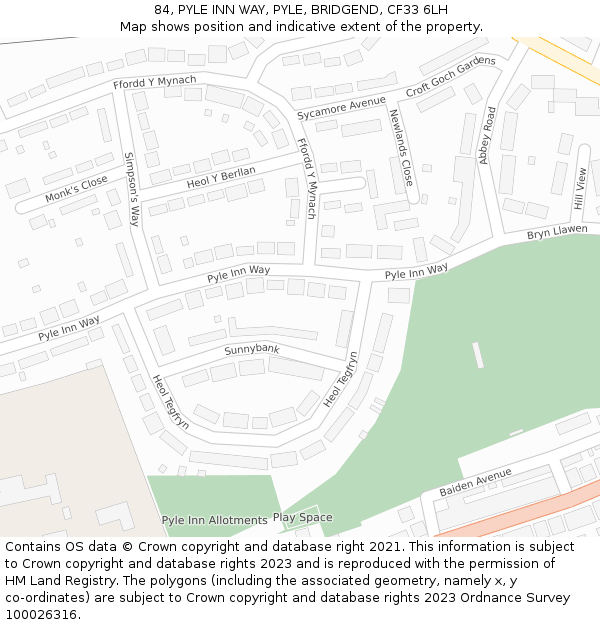 84, PYLE INN WAY, PYLE, BRIDGEND, CF33 6LH: Location map and indicative extent of plot