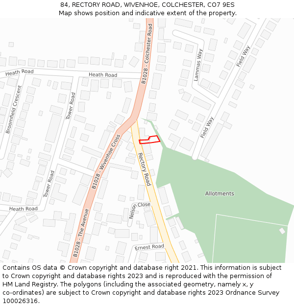 84, RECTORY ROAD, WIVENHOE, COLCHESTER, CO7 9ES: Location map and indicative extent of plot