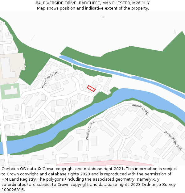 84, RIVERSIDE DRIVE, RADCLIFFE, MANCHESTER, M26 1HY: Location map and indicative extent of plot