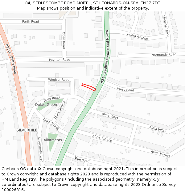 84, SEDLESCOMBE ROAD NORTH, ST LEONARDS-ON-SEA, TN37 7DT: Location map and indicative extent of plot