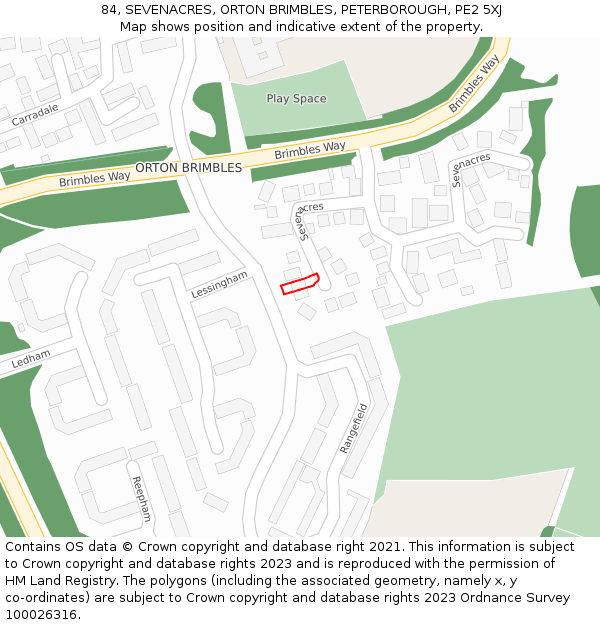 84, SEVENACRES, ORTON BRIMBLES, PETERBOROUGH, PE2 5XJ: Location map and indicative extent of plot