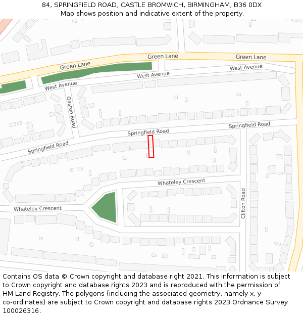 84, SPRINGFIELD ROAD, CASTLE BROMWICH, BIRMINGHAM, B36 0DX: Location map and indicative extent of plot