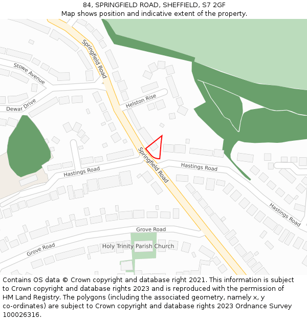 84, SPRINGFIELD ROAD, SHEFFIELD, S7 2GF: Location map and indicative extent of plot