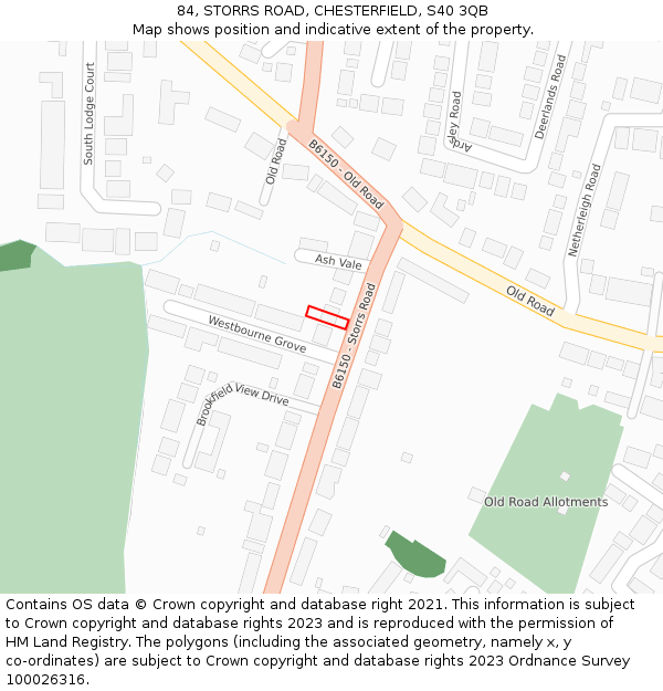 84, STORRS ROAD, CHESTERFIELD, S40 3QB: Location map and indicative extent of plot